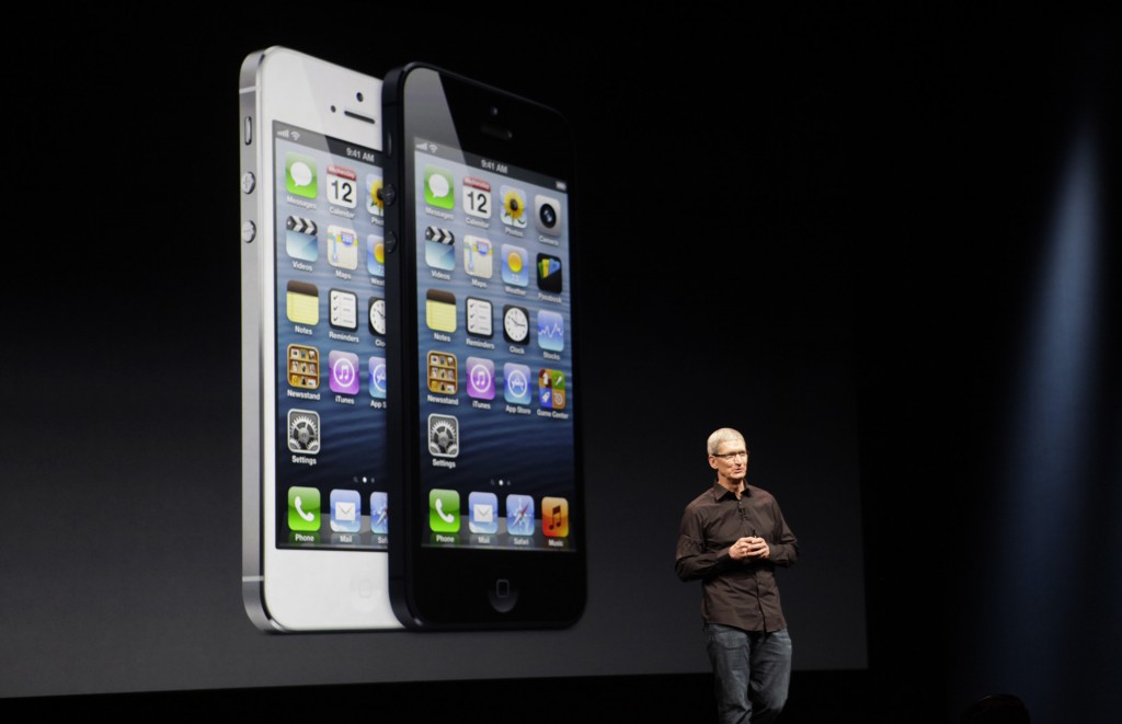Tim Cook, CEO of apple, unveils the new iPhone 5 on Wednesday, September 12, 2012 at the Yerba Buena Center for the Arts in San Francisco, California.