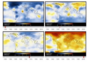 These maps show the five-year global surface temperatures for five year periods in 1884, 1927, 1969 and 2012. Dark blue indicates areas cooler than average. Dark red indicates areas warmer than average. 