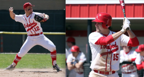 Adam throws an out to first (left) and Luke waits for a pitch (right) vs Eureka at home March 26.