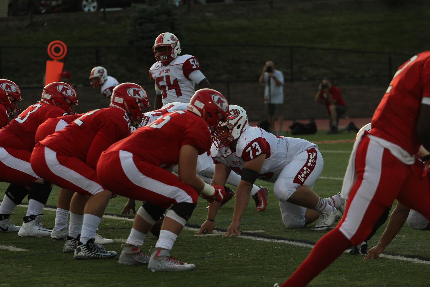 KHS varsity football take their starting positions at their first home game vs. Jefferson City, Aug. 25th. 
