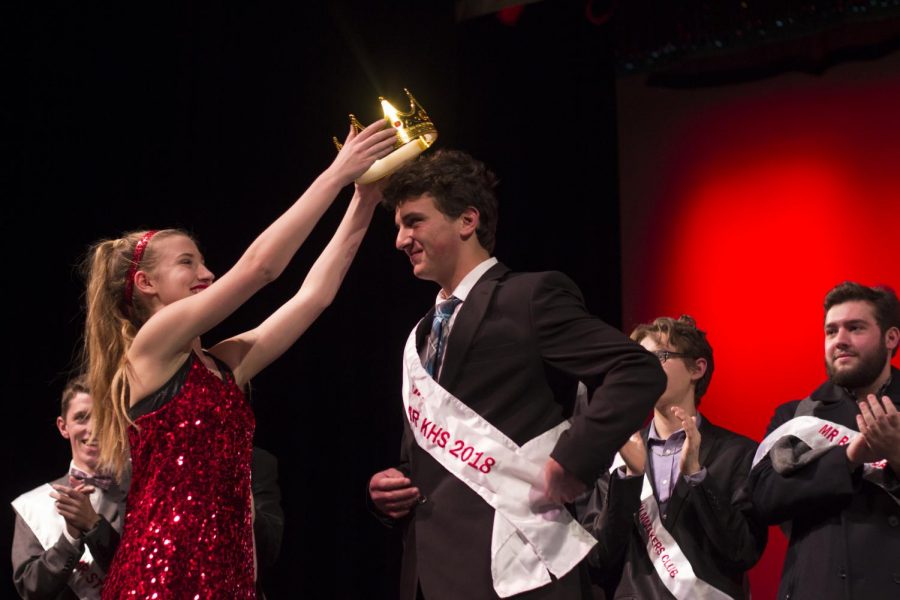 Zack Demetri, senior, accepts his crown after winning Mr. KHS. Honestly I wasn’t expecting [to win], but I was definitely happy about it and it was definitely encouraging that my efforts to be more involved at school and have fun and be myself [were] recognized, Demetri said. 