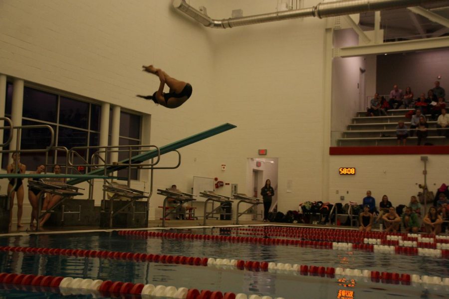 Olivia Inion, freshman, does a reverse flip off the diving board. She has been diving on and off since the age of 5. [The hardest part about diving is] the mental barrier, its really hard to think about what youre doing, Inion said. When youve been working hard on a pretty difficult dive, the moment when you finally get it is a really good feeling.