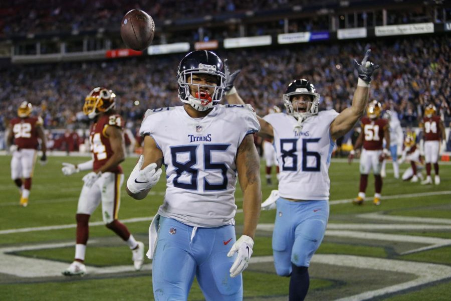 MyCole Pruitt celebrates scoring a touchdown for the Tennessee Titans. 