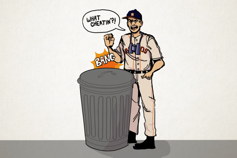 Astros manager A.J. Hinch shown banging on a trash can to depict the Astros sign stealing scandal.