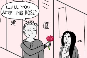 This cartoon depicts what would happen if a student turned this reality TV show into reality, asking several girls if theyll accept a rose.