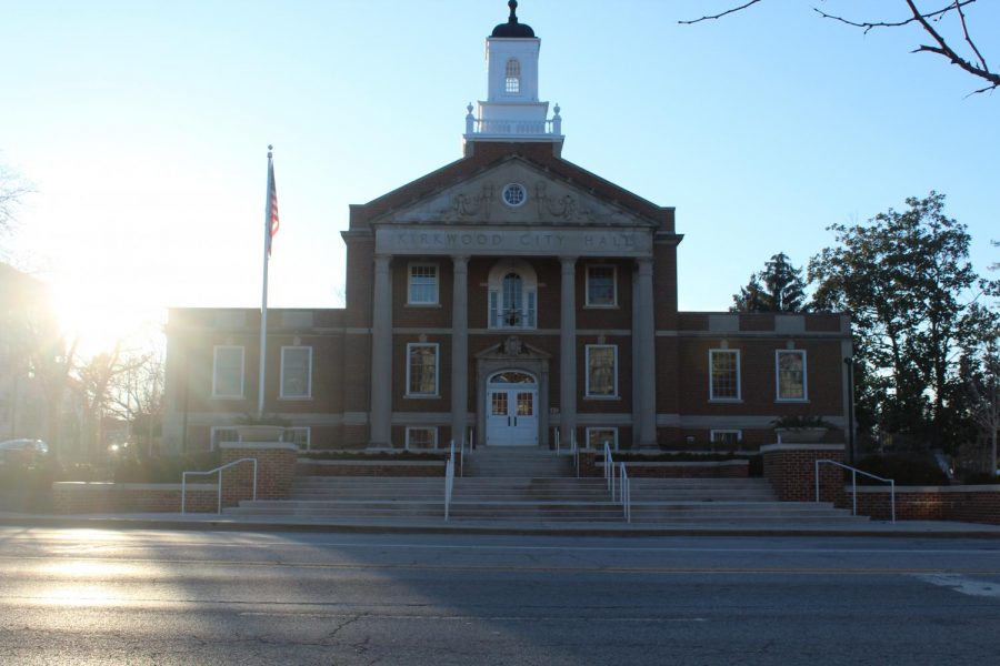 City Hall, located in the middle of Downtown Kirkwood, is illuminated by the afternoon sun. 