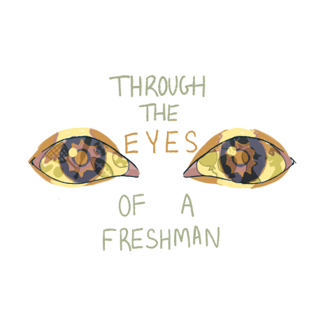 These eyes tell a story when you observe them closely. If you look in the reflection of the eye you can see some of the things that freshmen have missed out on this year due to COVID-19 including: Watching school sports, pep rallies, assemblies and exen meeting new people  and having conversations.