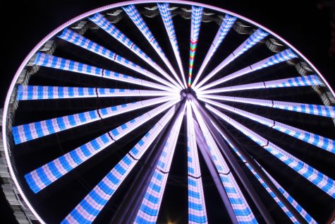 This is the St. Louis Wheel with a long exposure with blue and white lights.