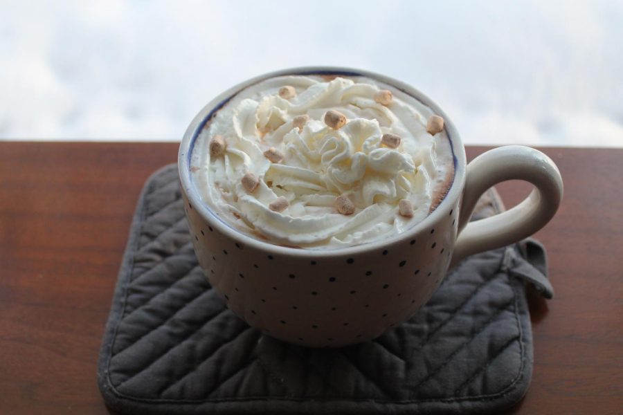 A hot steamy cocoa with whipped cream and tiny marshmallows.