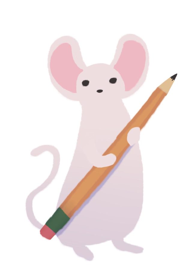 A mouse is illustrated holding a pencil.