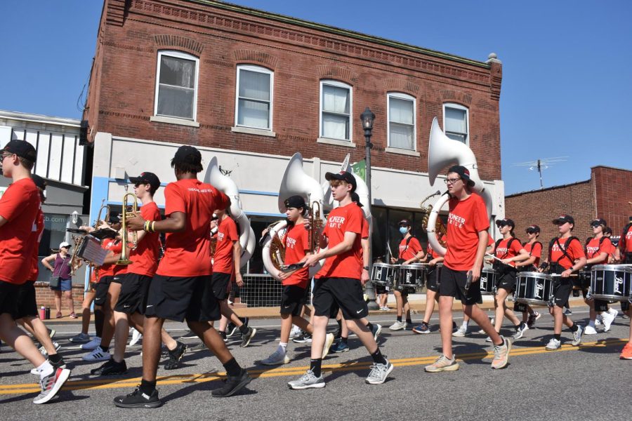Members of the KHS Pioneer Marching Band perform in the 2022 Greentree Parade.