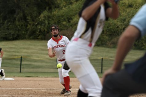 Ella Santacruz pitches the ball in the class five district three championship softball game.
