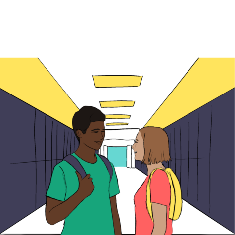 Two students annoyingly chatting in the hallway, when they should be walking.