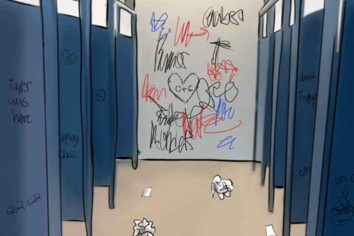 A depiction of a typical khs bathroom, graffiti and trash everywhere.