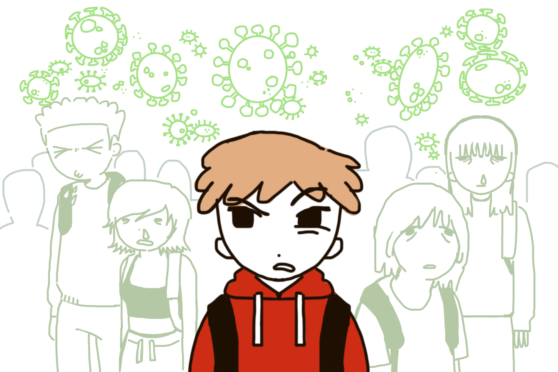 A student stands in a crowded hallway with sick students and germs all around.
