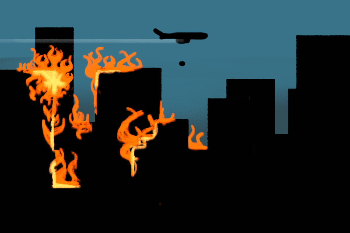 A+silhouetted+skyline+is+burning+as+a+plane+drops+bombs+from+the+sky.