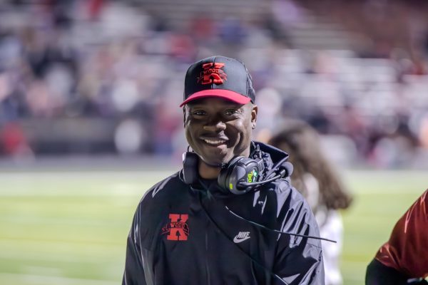 Head coach Jeremy Maclin smiles during a Kirkwood win over Hazelwood West High School on Oct. 20, 2023.