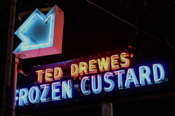 Holiday lights illuminate the Ted Drewes frozen custard sign on Chippewa Street
