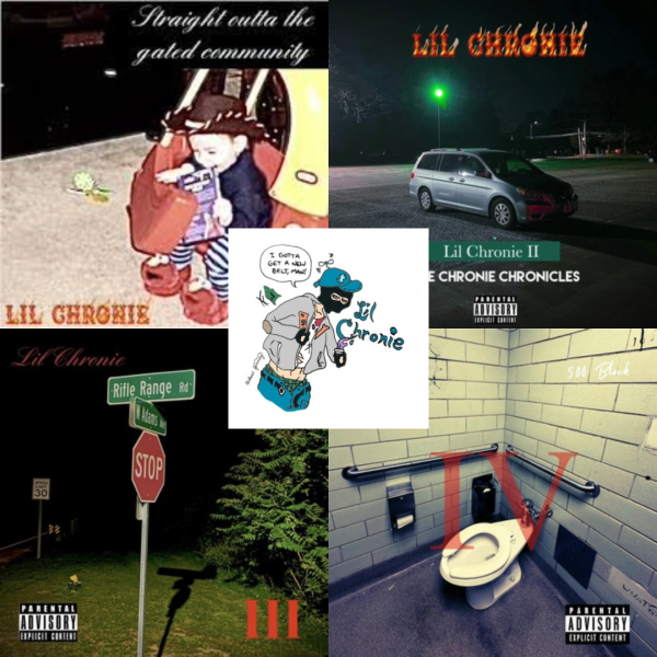 A collage of Lil Chronies album covers.
From top left, in clockwise order:
Straight Outta the Gated Community, Lil Chronie II: The Chronie Chronicles, III, 500 Block. Center: The Chronie (EP)

all photos courtesy of Lil Chronie
