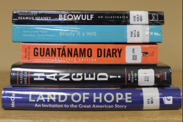 Stack of books that might be required reading in a class.